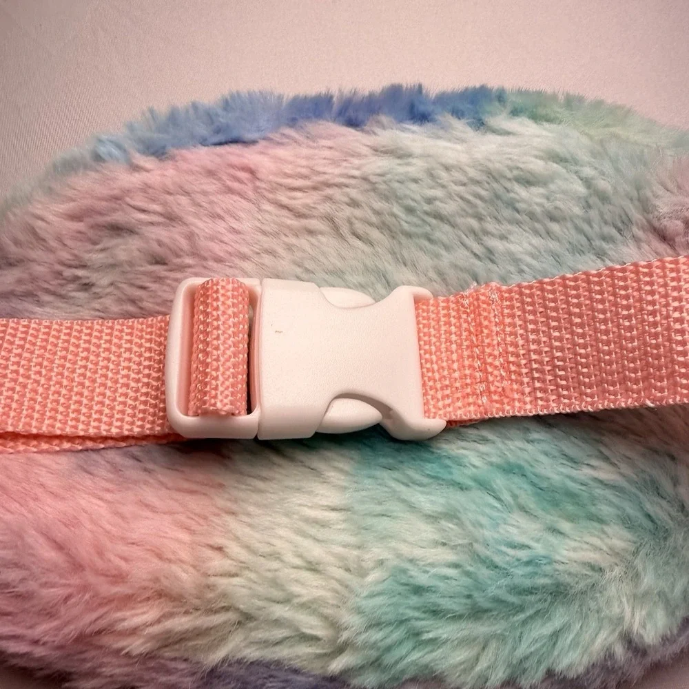 Sloth Fanny Pack Soft Fluffy Plush Rainbow Happy Face Adjustable Belt